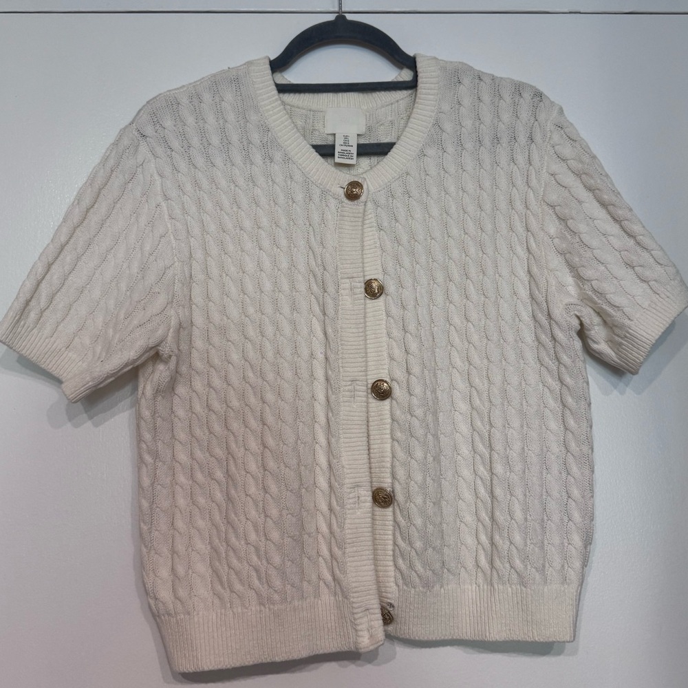 H&M Cream Cable Knit Short Sleeve Cardigan with Gold Buttons